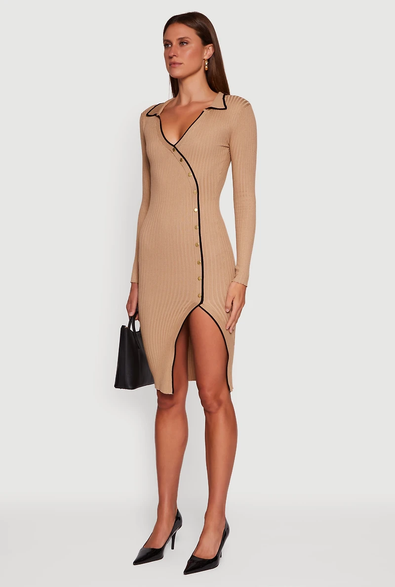 Womens Contrast Trim Ribbed Knit Long Sleeve Sweater Dress,