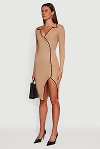 Womens Contrast Trim Ribbed Knit Long Sleeve Sweater Dress,