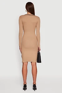 Womens Contrast Trim Ribbed Knit Long Sleeve Sweater Dress,