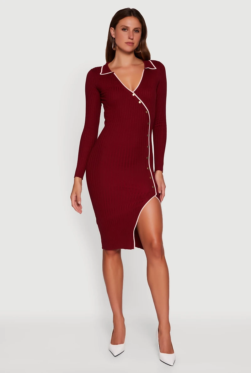 Womens Contrast Trim Ribbed Knit Long Sleeve Sweater Dress, Burgundy,