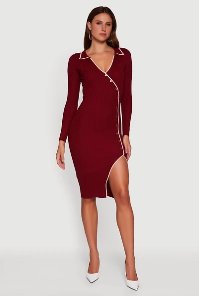 Womens Contrast Trim Ribbed Knit Long Sleeve Sweater Dress, Burgundy,