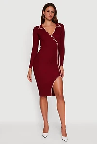 Womens Contrast Trim Ribbed Knit Long Sleeve Sweater Dress, Burgundy,