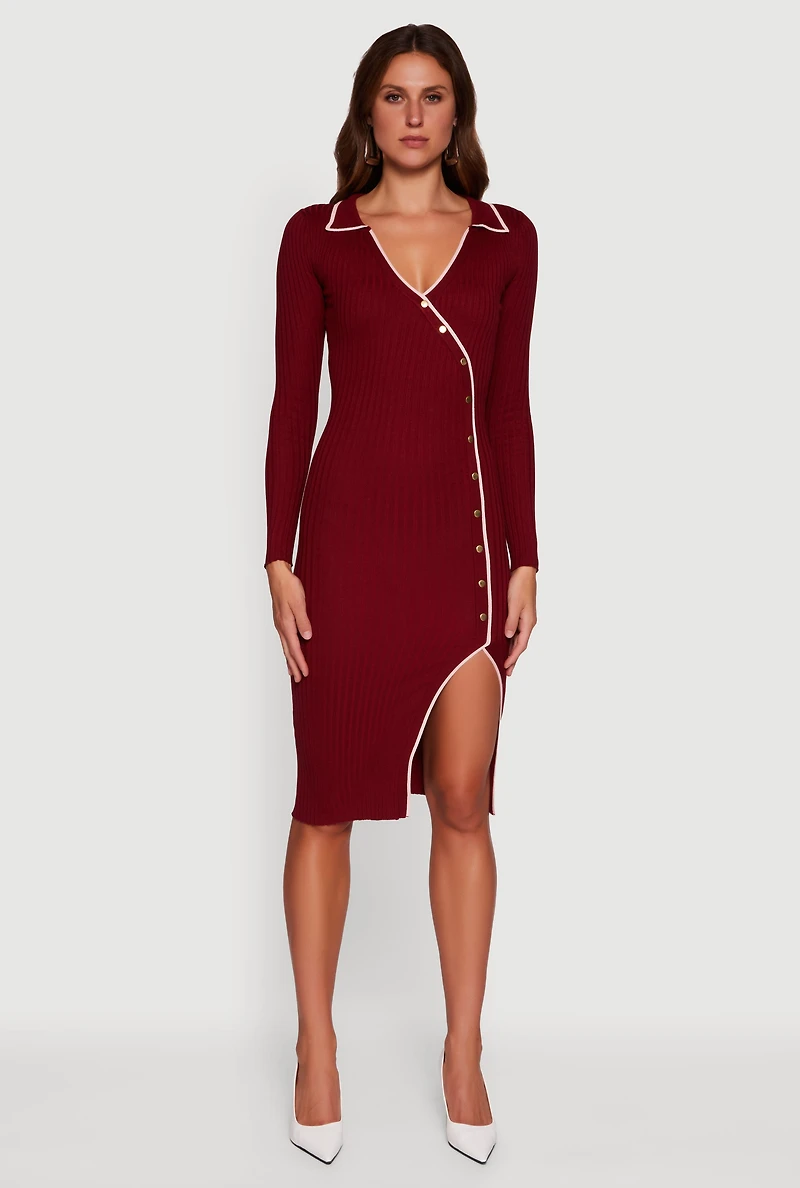 Womens Contrast Trim Ribbed Knit Long Sleeve Sweater Dress, Burgundy,