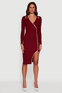 Womens Contrast Trim Ribbed Knit Long Sleeve Sweater Dress, Burgundy,