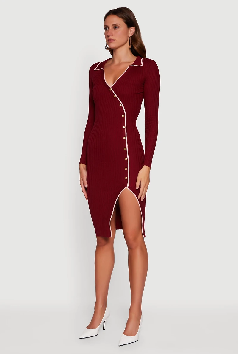 Womens Contrast Trim Ribbed Knit Long Sleeve Sweater Dress, Burgundy,