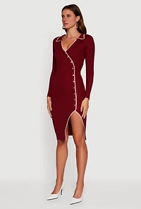 Womens Contrast Trim Ribbed Knit Long Sleeve Sweater Dress, Burgundy,
