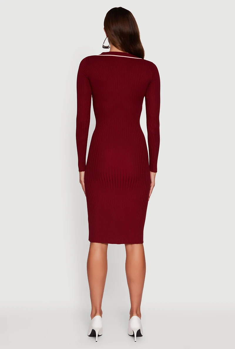 Womens Contrast Trim Ribbed Knit Long Sleeve Sweater Dress, Burgundy,