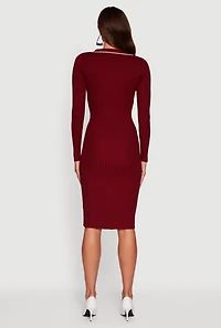 Womens Contrast Trim Ribbed Knit Long Sleeve Sweater Dress, Burgundy,