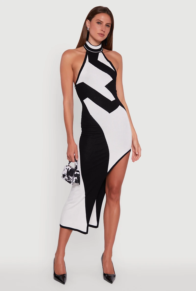 Abstract Printed Side Slit Halter Midi Dress