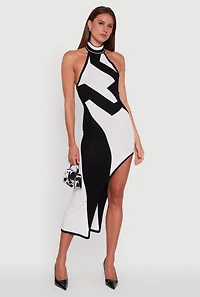 Abstract Printed Side Slit Halter Midi Dress