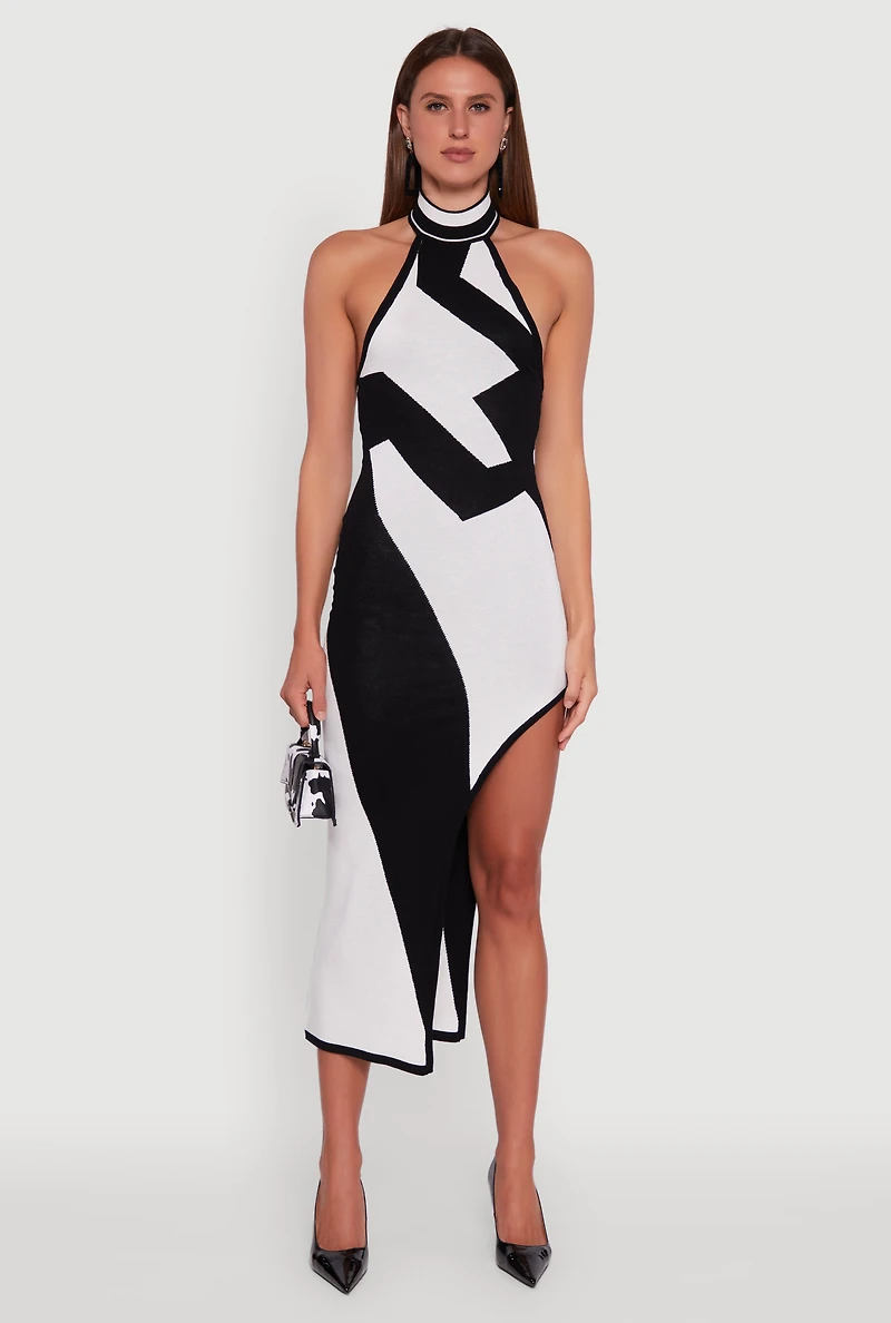 Womens Abstract Printed Side Slit Halter Midi Dress, Multi, Size S