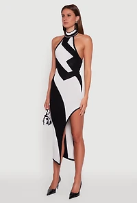 Womens Abstract Printed Side Slit Halter Midi Dress, Multi, Size S