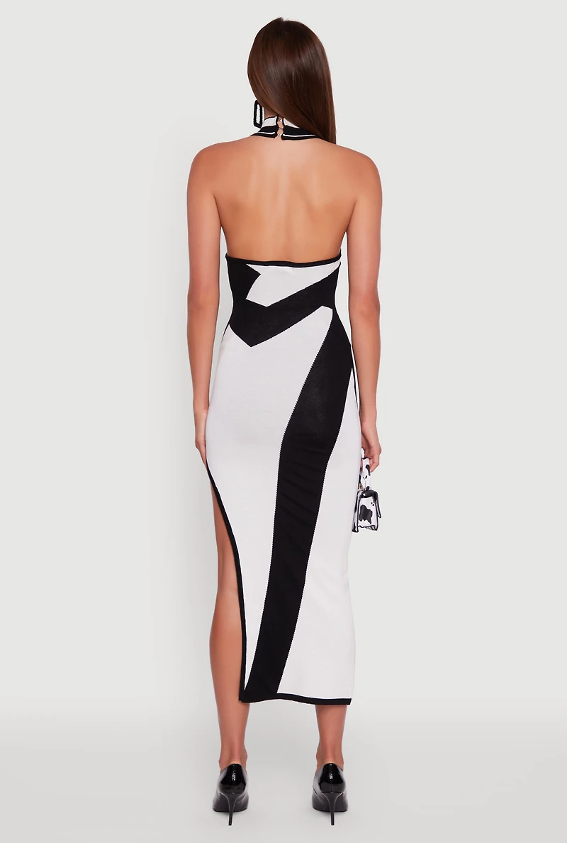 Womens Abstract Printed Side Slit Halter Midi Dress, Multi, Size S