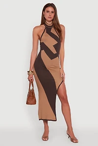 Abstract Printed Side Slit Halter Midi Dress