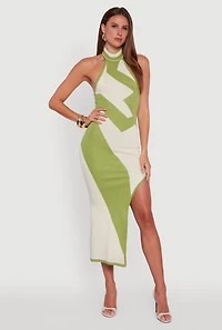 Abstract Printed Side Slit Halter Midi Dress