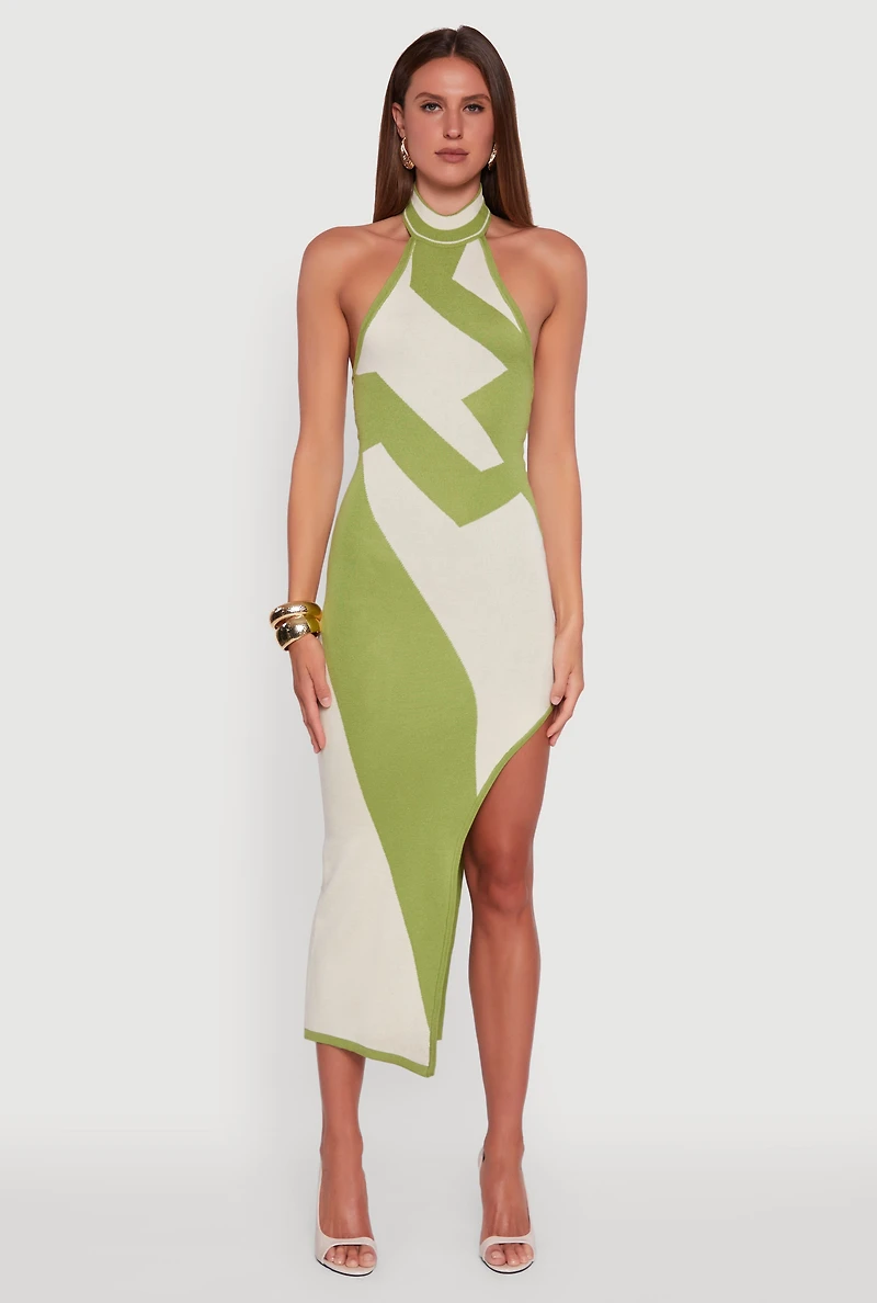 Abstract Printed Side Slit Halter Midi Dress