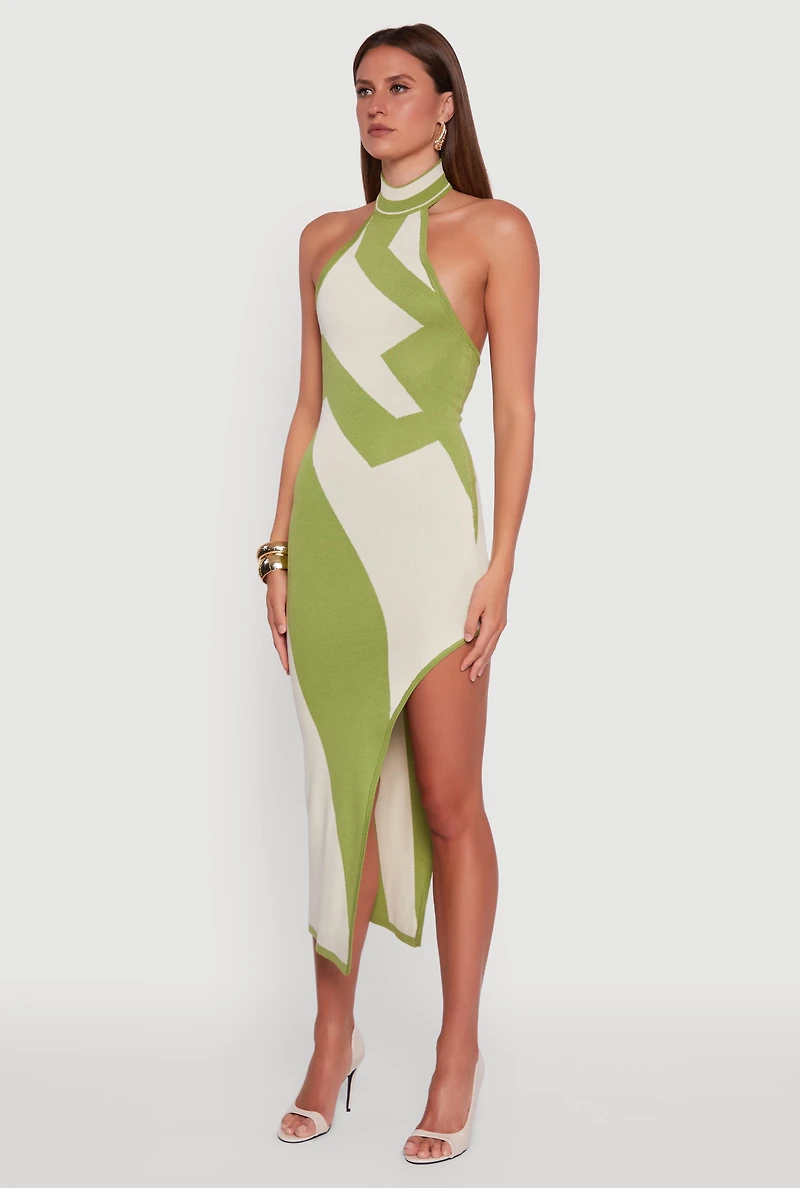 Abstract Printed Side Slit Halter Midi Dress