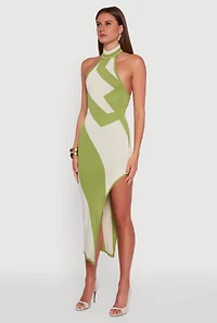 Abstract Printed Side Slit Halter Midi Dress