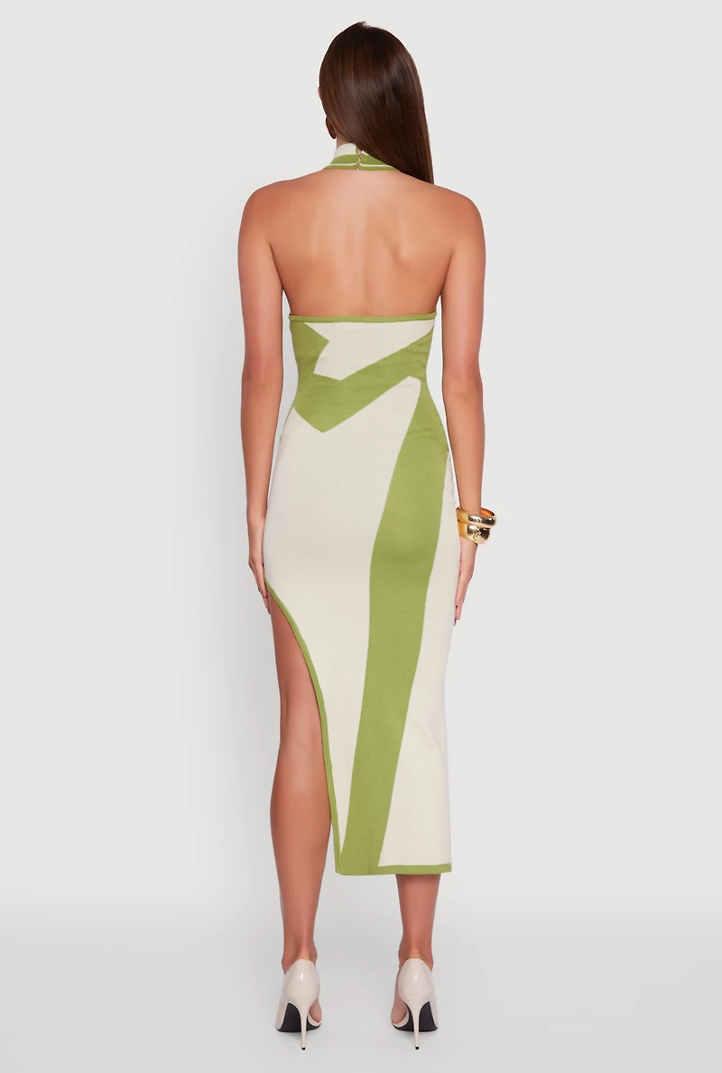 Womens Abstract Printed Side Slit Halter Midi Dress, Multi,