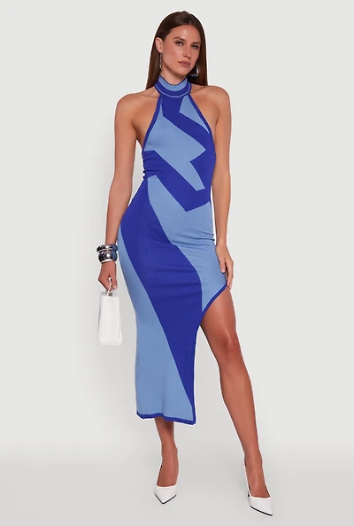 Womens Abstract Printed Side Slit Halter Midi Dress, Blue, Size L
