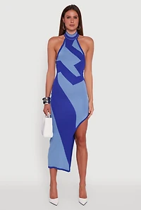 Womens Abstract Printed Side Slit Halter Midi Dress, S