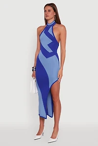Womens Abstract Printed Side Slit Halter Midi Dress, Blue, Size L