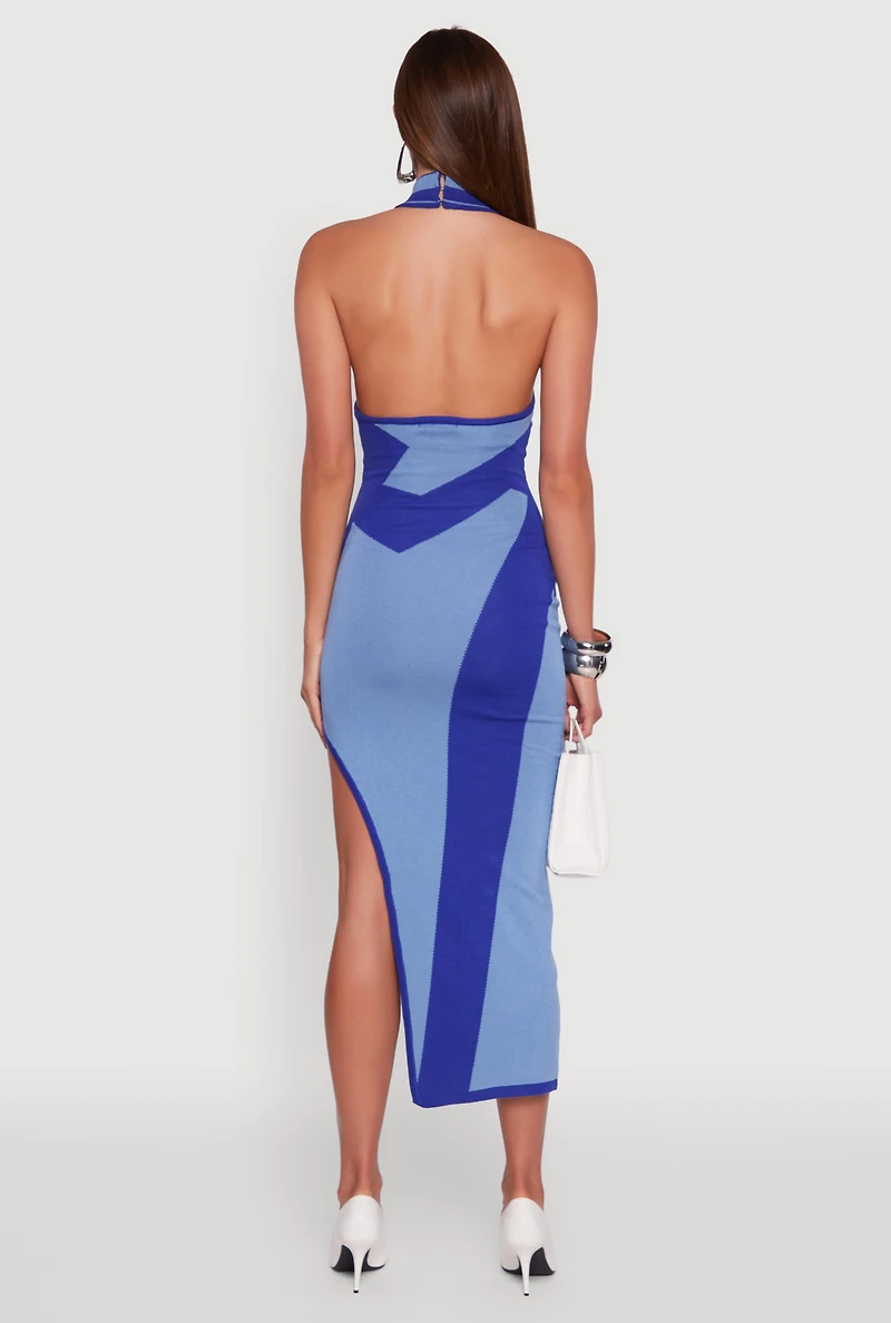 Womens Abstract Printed Side Slit Halter Midi Dress, Blue, Size L