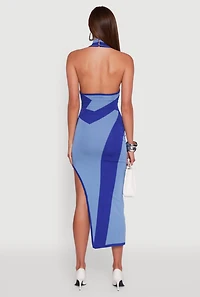 Womens Abstract Printed Side Slit Halter Midi Dress, Blue, Size L