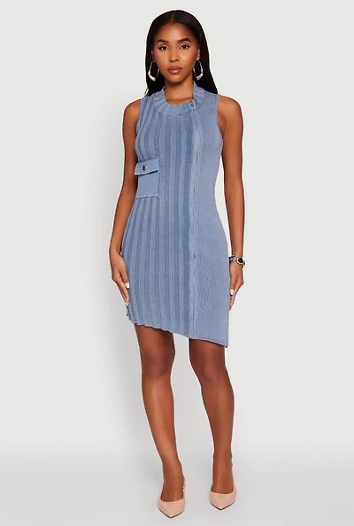 Womens Trendy Sleeveless Mock Neck Zip Front Dress, Blue,