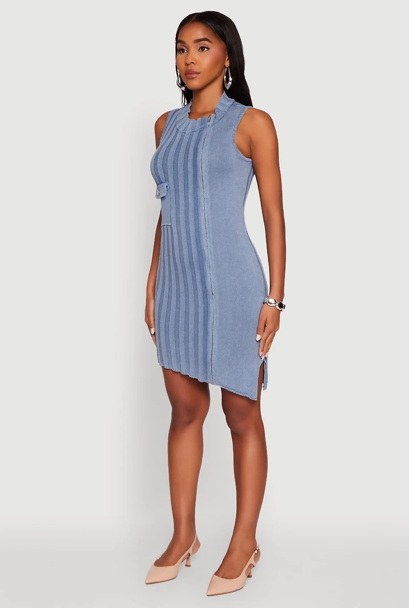 Womens Trendy Sleeveless Mock Neck Zip Front Dress, Blue,