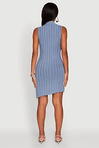 Womens Trendy Sleeveless Mock Neck Zip Front Dress, Blue,
