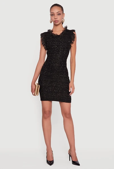 Womens Lurex Tweed Frayed Keyhole Back Mini Dress, Black, Size XL