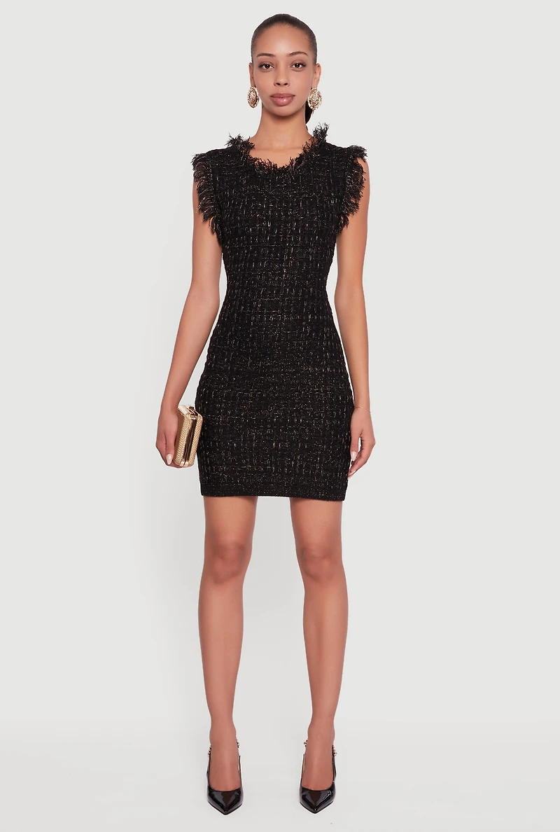 Womens Lurex Tweed Frayed Keyhole Back Mini Dress, Black, Size XL