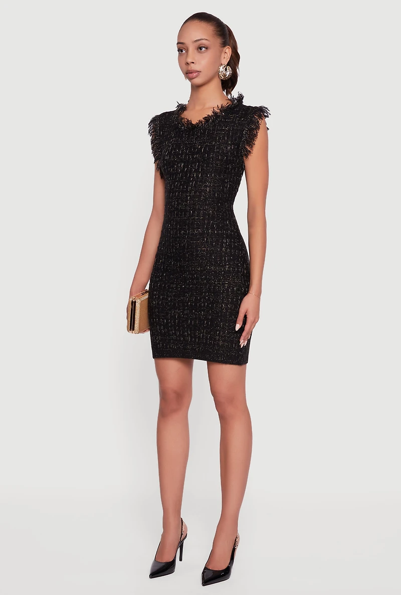 Womens Lurex Tweed Frayed Keyhole Back Mini Dress, Black, Size XL