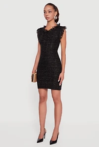 Womens Lurex Tweed Frayed Keyhole Back Mini Dress, Black, Size XL