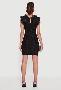 Womens Lurex Tweed Frayed Keyhole Back Mini Dress, Black, Size XL