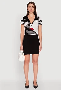 Womens Trendy Classic Fit Short Sleeve Dress with Face Print, Multi, Size XL