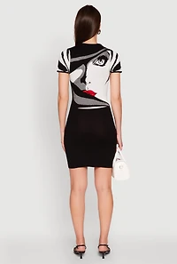Womens Trendy Classic Fit Short Sleeve Dress with Face Print, Multi, Size XL