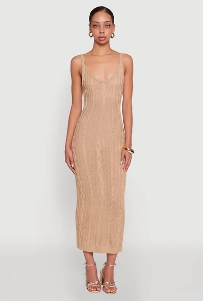 Womens Trendy Cable Knit Sleeveless Maxi Dress, Beige, Size L