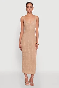 Womens Trendy Cable Knit Sleeveless Maxi Dress, Beige, Size L