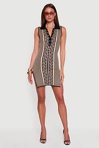Womens Sleeveless Striped Greek Key Polo Sweater Dress, Beige,