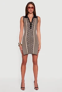 Womens Sleeveless Striped Greek Key Polo Sweater Dress, Beige,