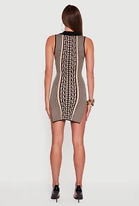 Womens Sleeveless Striped Greek Key Polo Sweater Dress, Beige,