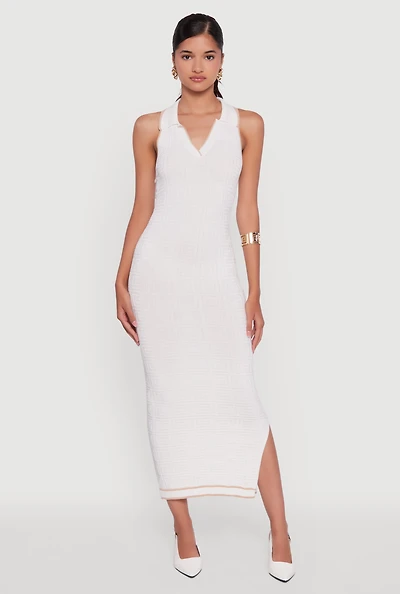 Womens Textured Knit Greek Key Patterned Midi Dress, White,