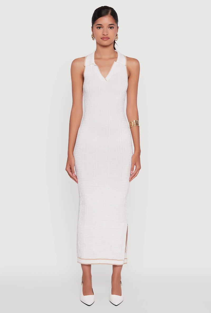 Womens Textured Knit Greek Key Patterned Midi Dress, White,