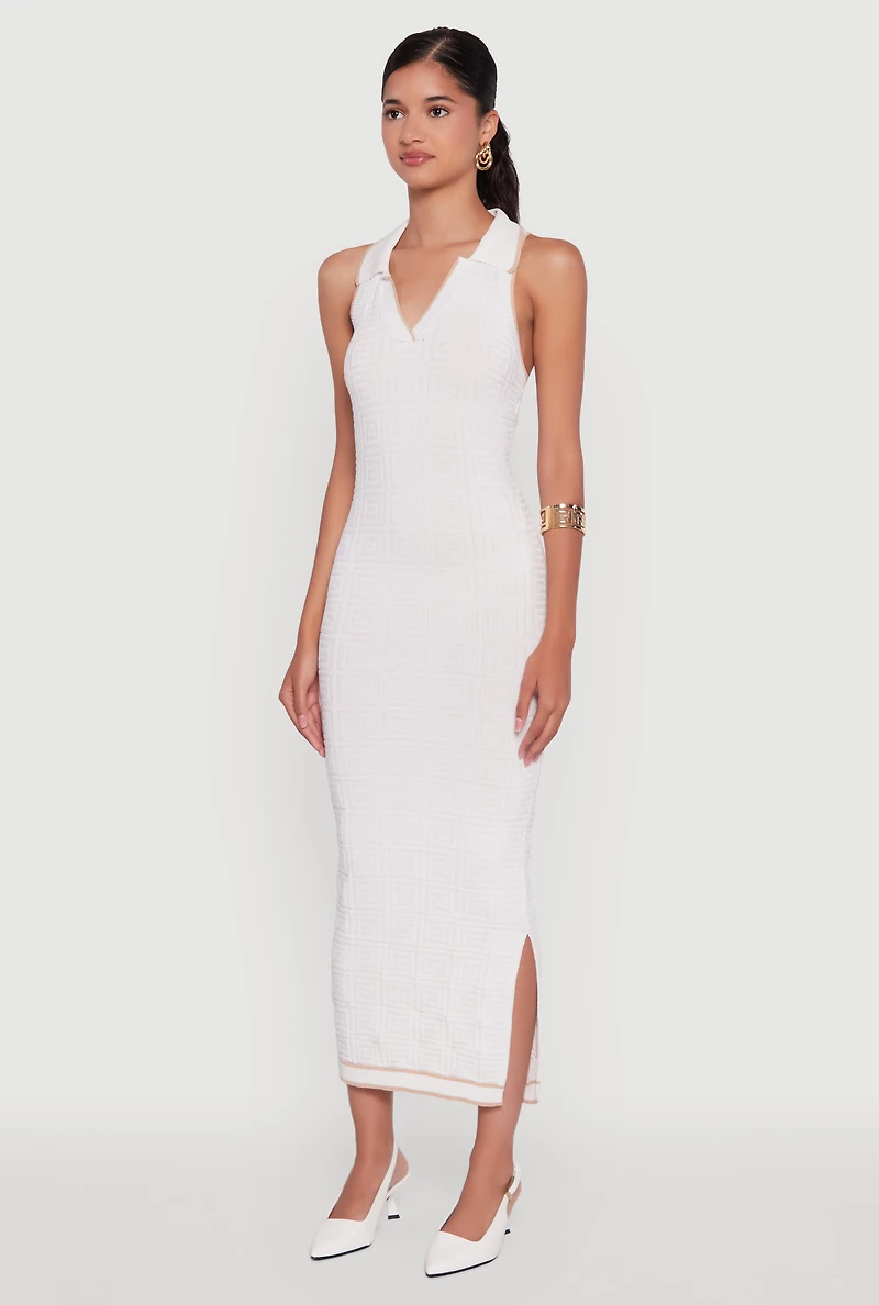 Womens Textured Knit Greek Key Patterned Midi Dress, White,