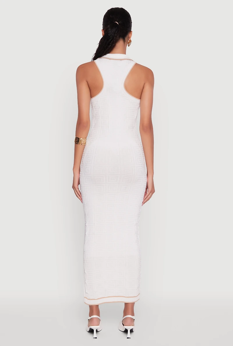 Womens Textured Knit Greek Key Patterned Midi Dress, White,