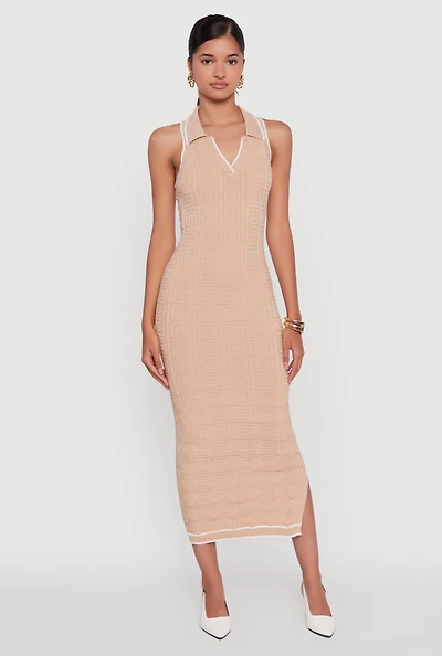 Womens Textured Knit Greek Key Patterned Midi Dress, Beige, Size M