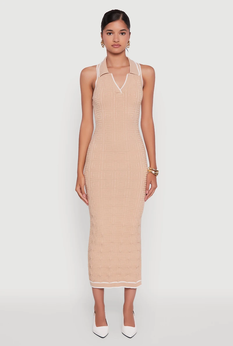 Womens Textured Knit Greek Key Patterned Midi Dress, Beige,