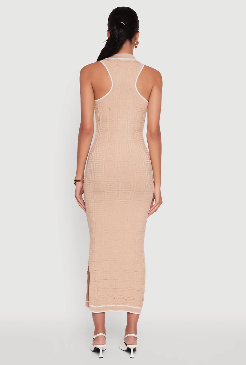 Womens Textured Knit Greek Key Patterned Midi Dress, Beige,